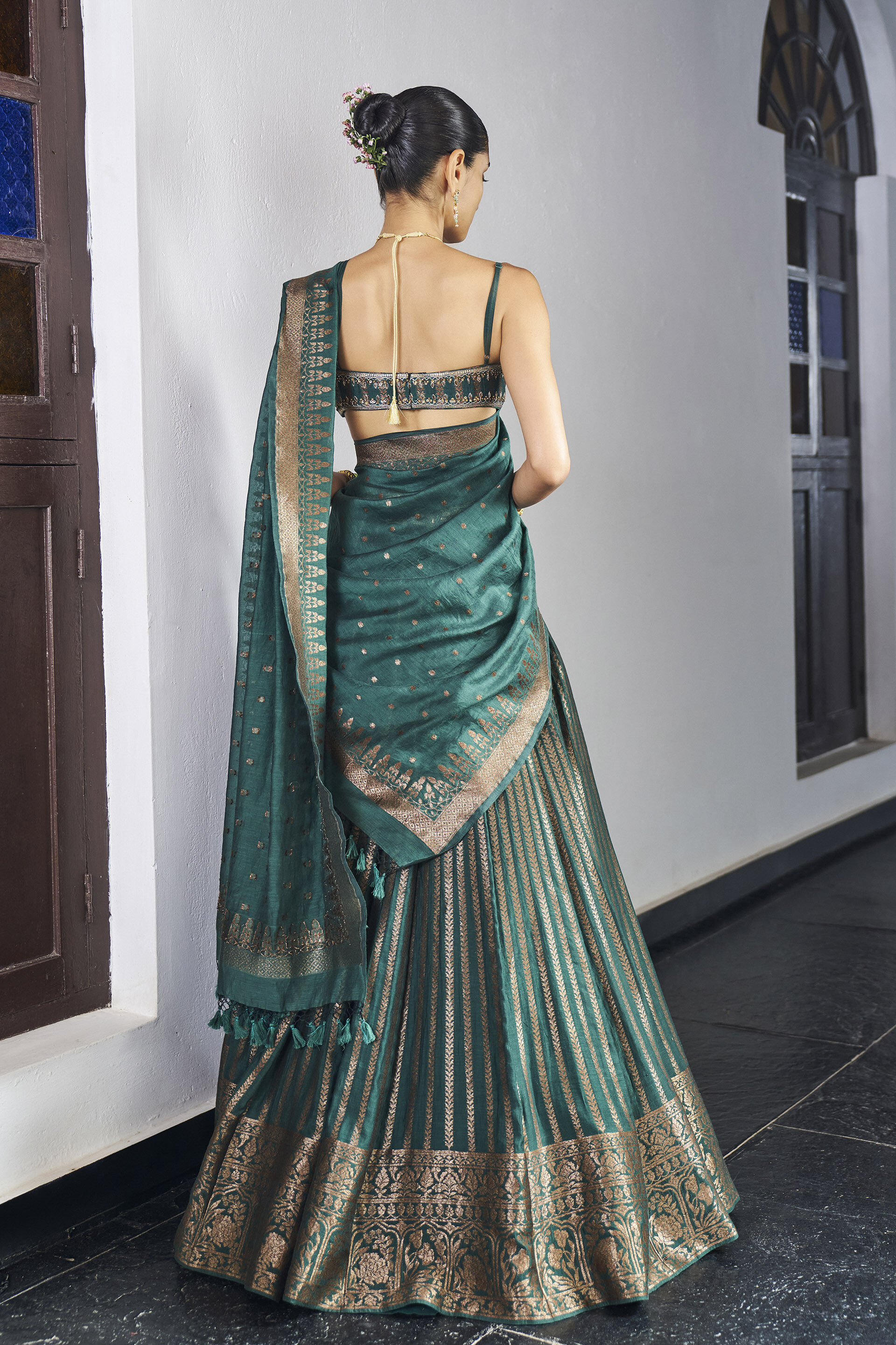 Anuraaga Benarasi Mul Lehenga&nbsp;Set - Green